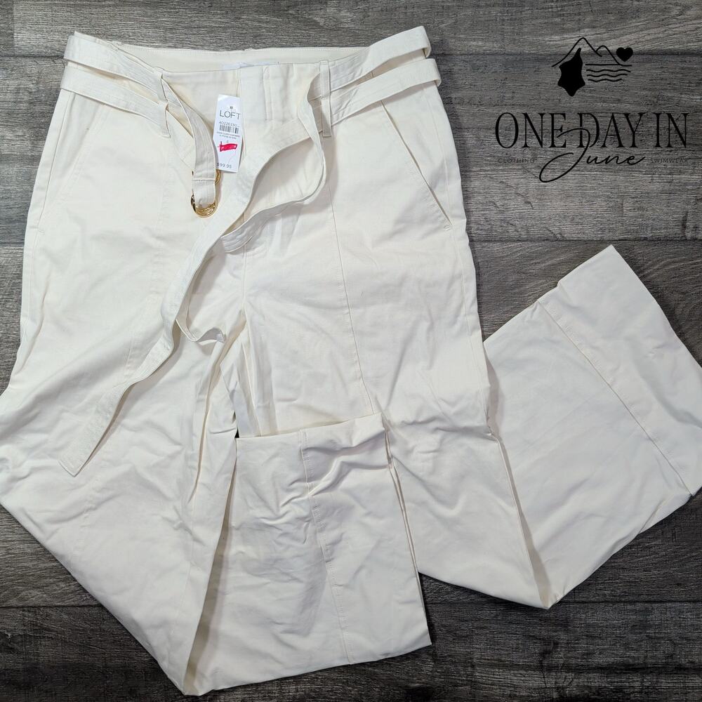 Loft High Waist Wide Leg Belted Pants Ivory White NWT Size 4